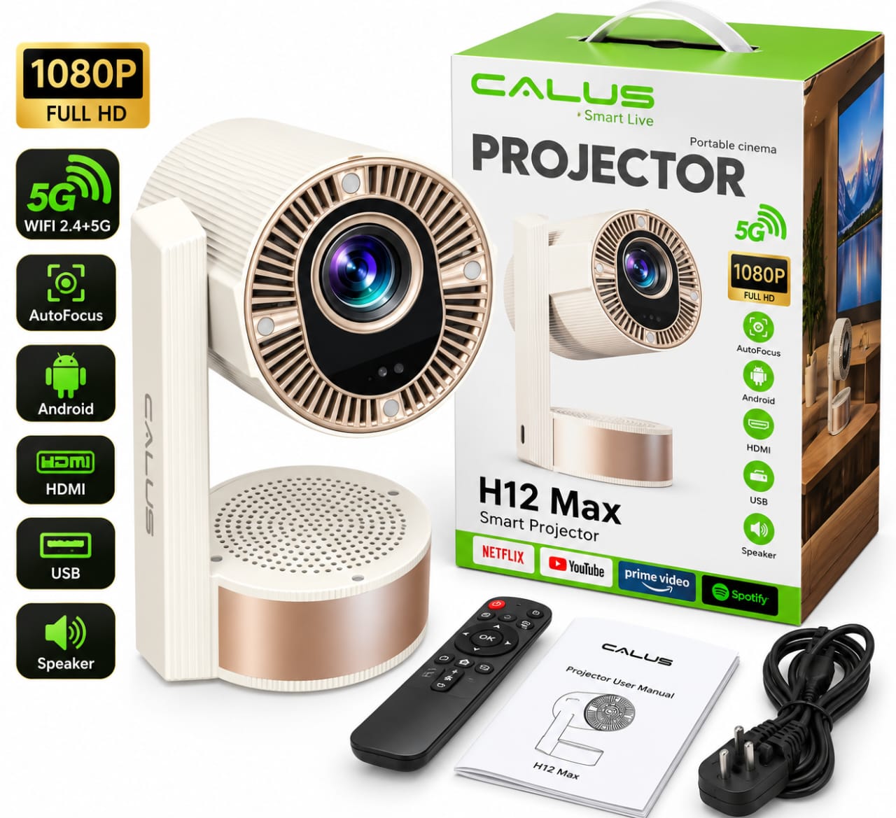 Projecteur CALUS H12 Max 1080P Full HD – WiFi 5G, Bluetooth 5.2, AutoFocus