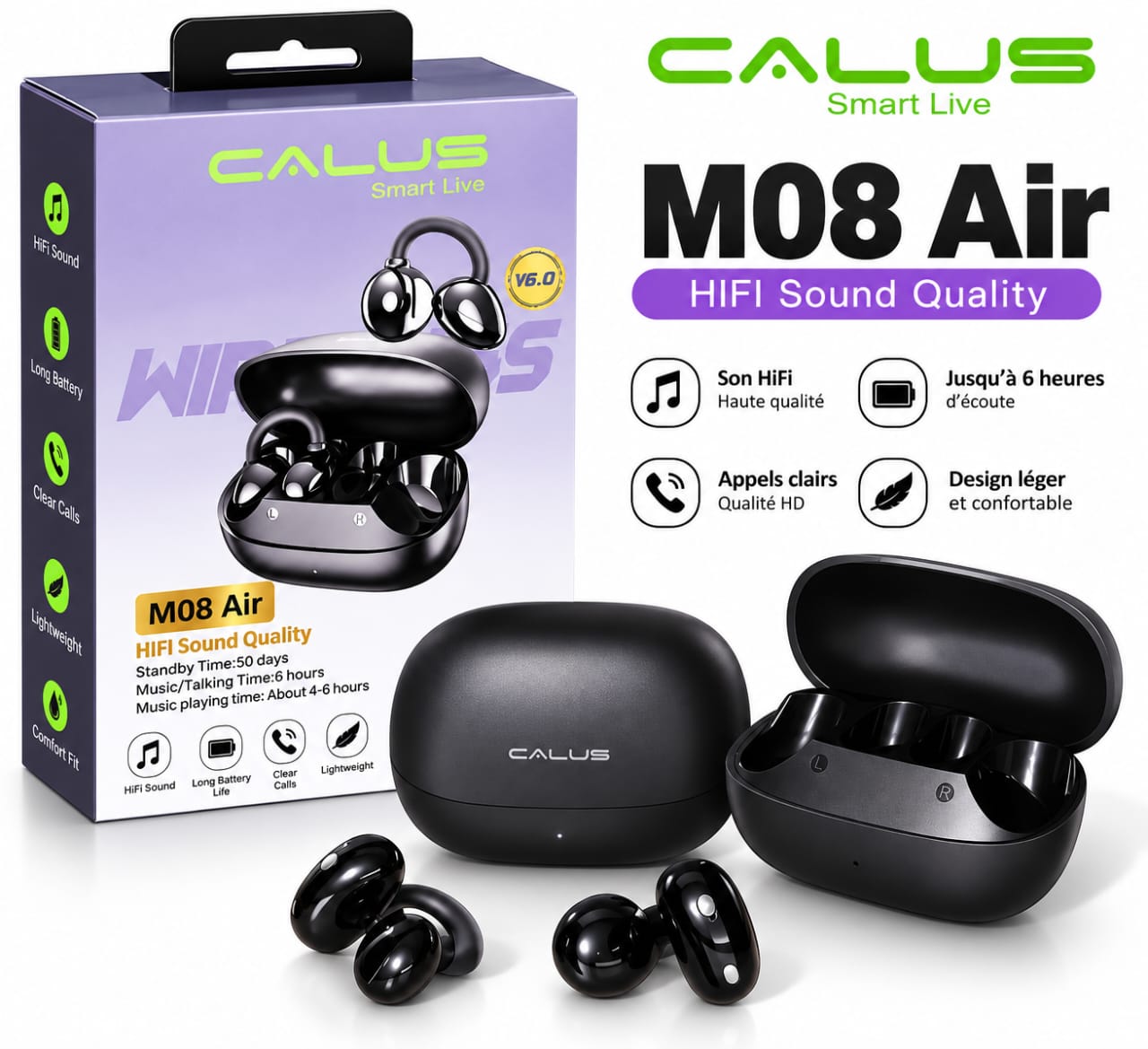 Écouteurs Sans Fil CALUS M08 Air – Bluetooth 5.0, Son HiFi, Longue Autonomie