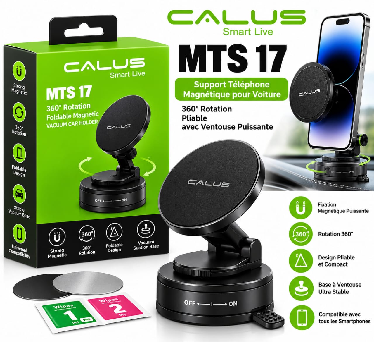 Support Téléphone Voiture CALUS MTS 17 – Magnétique, Rotation 360° et Ventouse