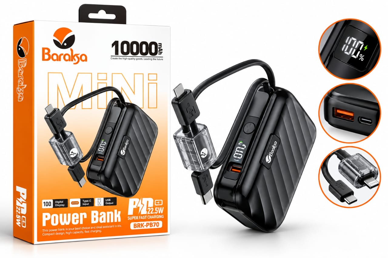 Power Bank Baraksa BRK-PB70 10 000 mAh – Charge Rapide PD 22,5W avec Affichage Numérique