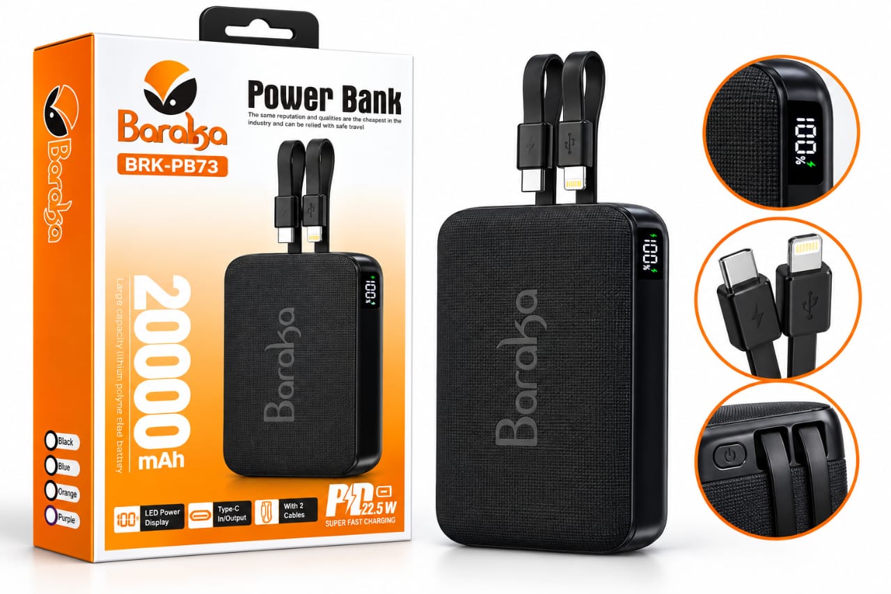 Power Bank Baraksa BRK-PB73 20 000 mAh – Charge Rapide 22,5W, Câbles Intégrés et Écran LED