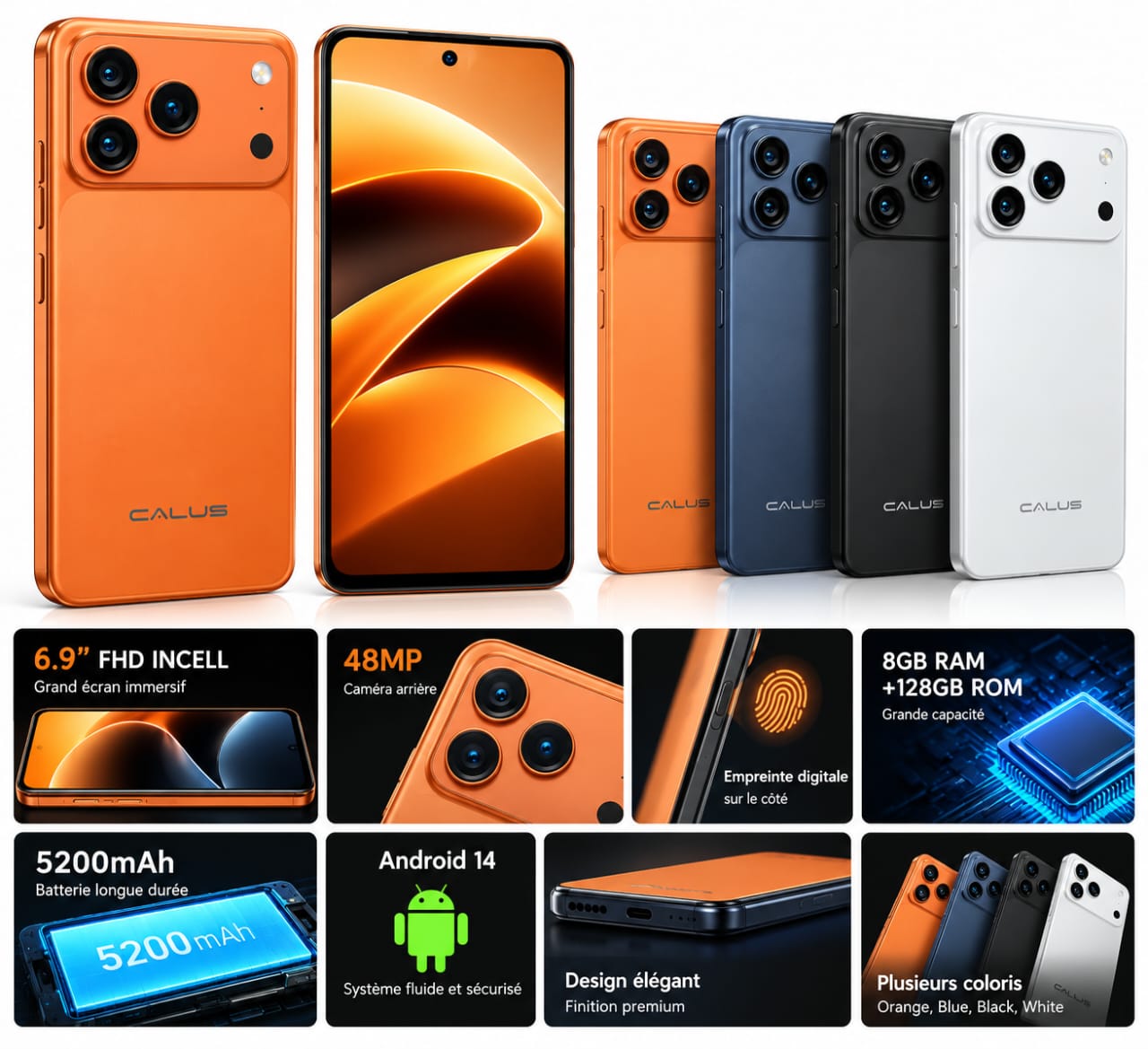 CALUS M17 Pro Max – Smartphone 8 Go RAM + 128 Go ROM, Écran 6,9″ FHD, Caméra 48 MP, Batterie 5200 mAh