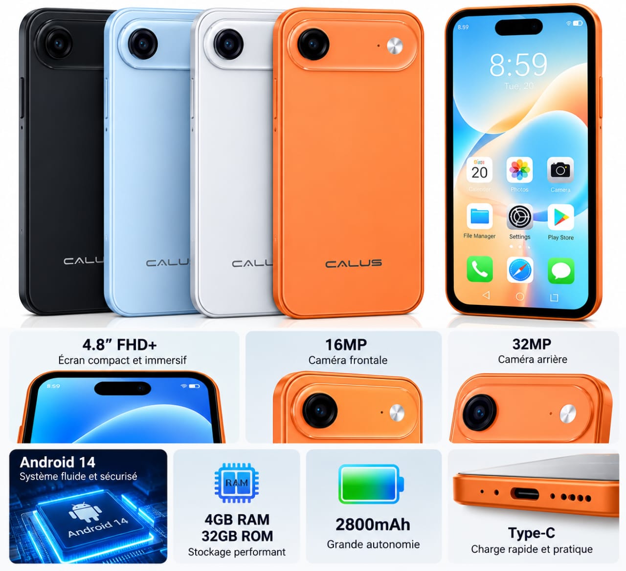 CALUS Mini 17 Air – Smartphone Compact 4,8″ FHD+, 4 Go RAM, 32 Go ROM, Caméra 32 MP, Batterie 2800 mAh