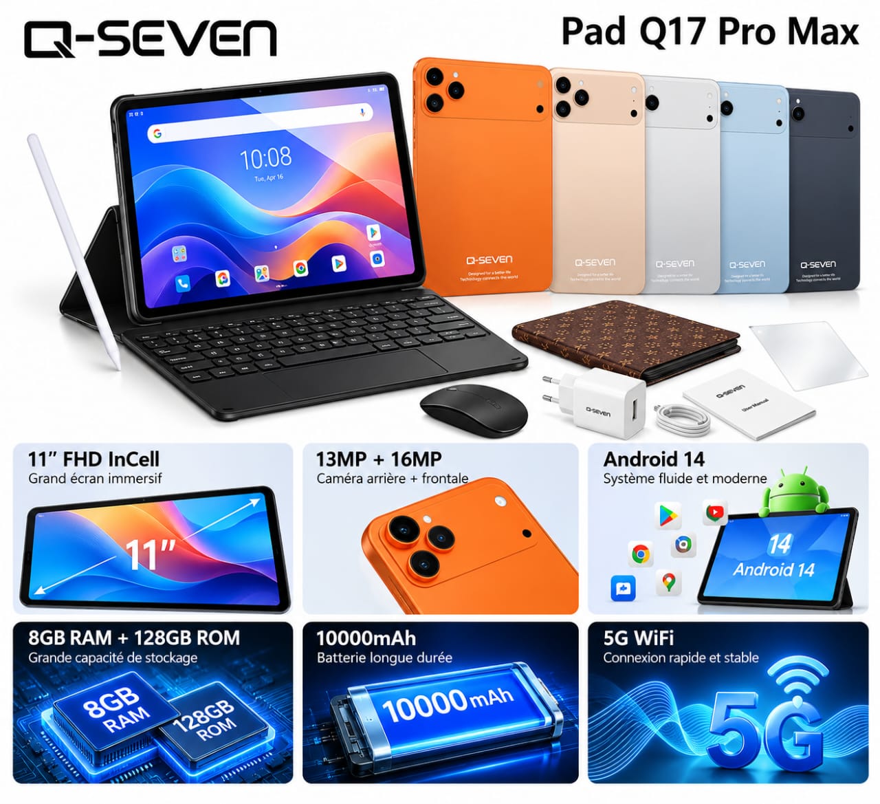 Q-SEVEN Pad Q17 Pro Max – Tablette 11″ FHD InCell, 8 Go RAM, 128 Go ROM, 5G WiFi, Batterie 10 000 mAh, Android 14