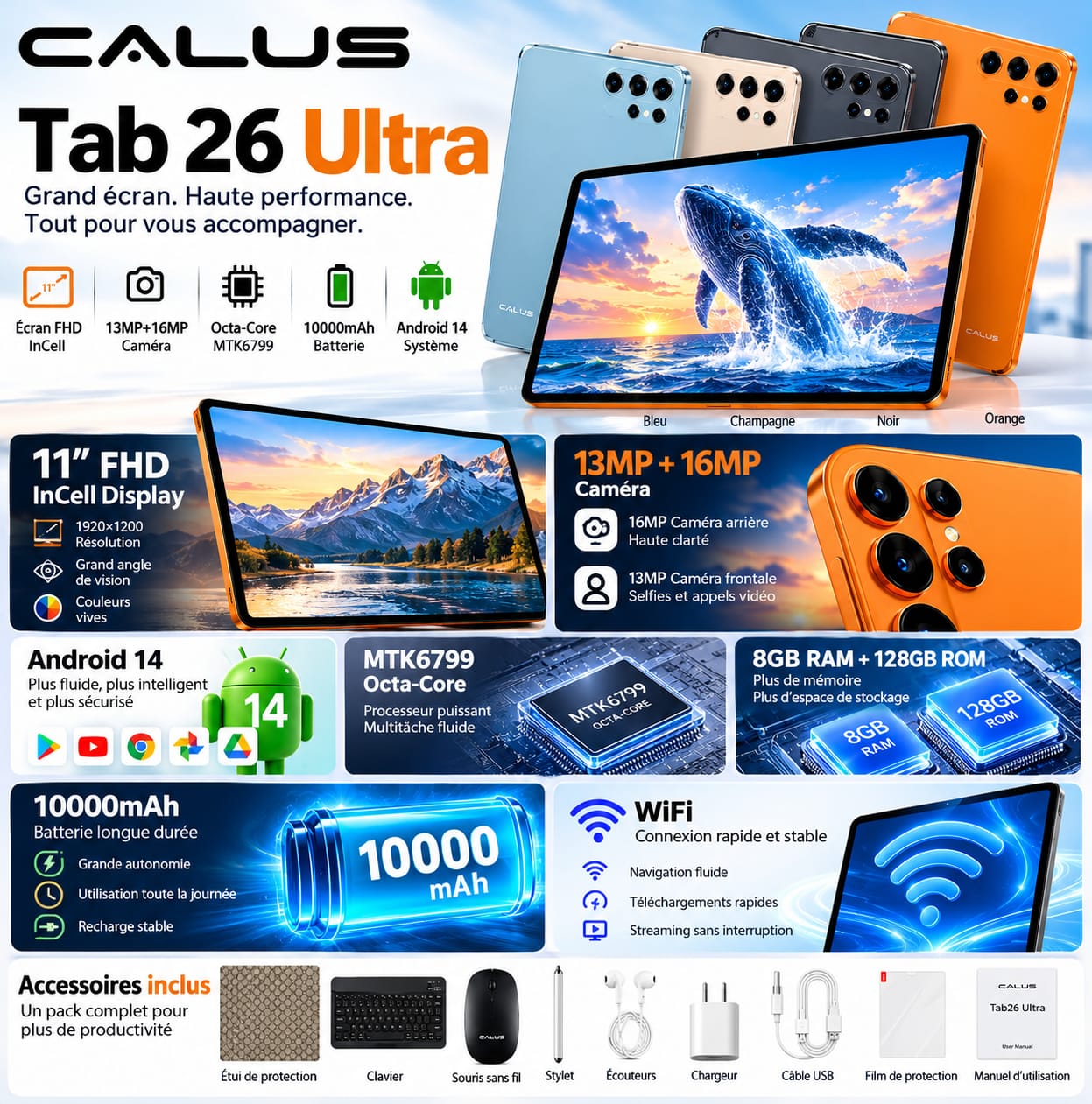 CALUS Tab 26 Ultra – Tablette 11″ FHD, 8Go RAM, 128Go, Octa-Core MTK6799, Android 14, Batterie 10000mAh