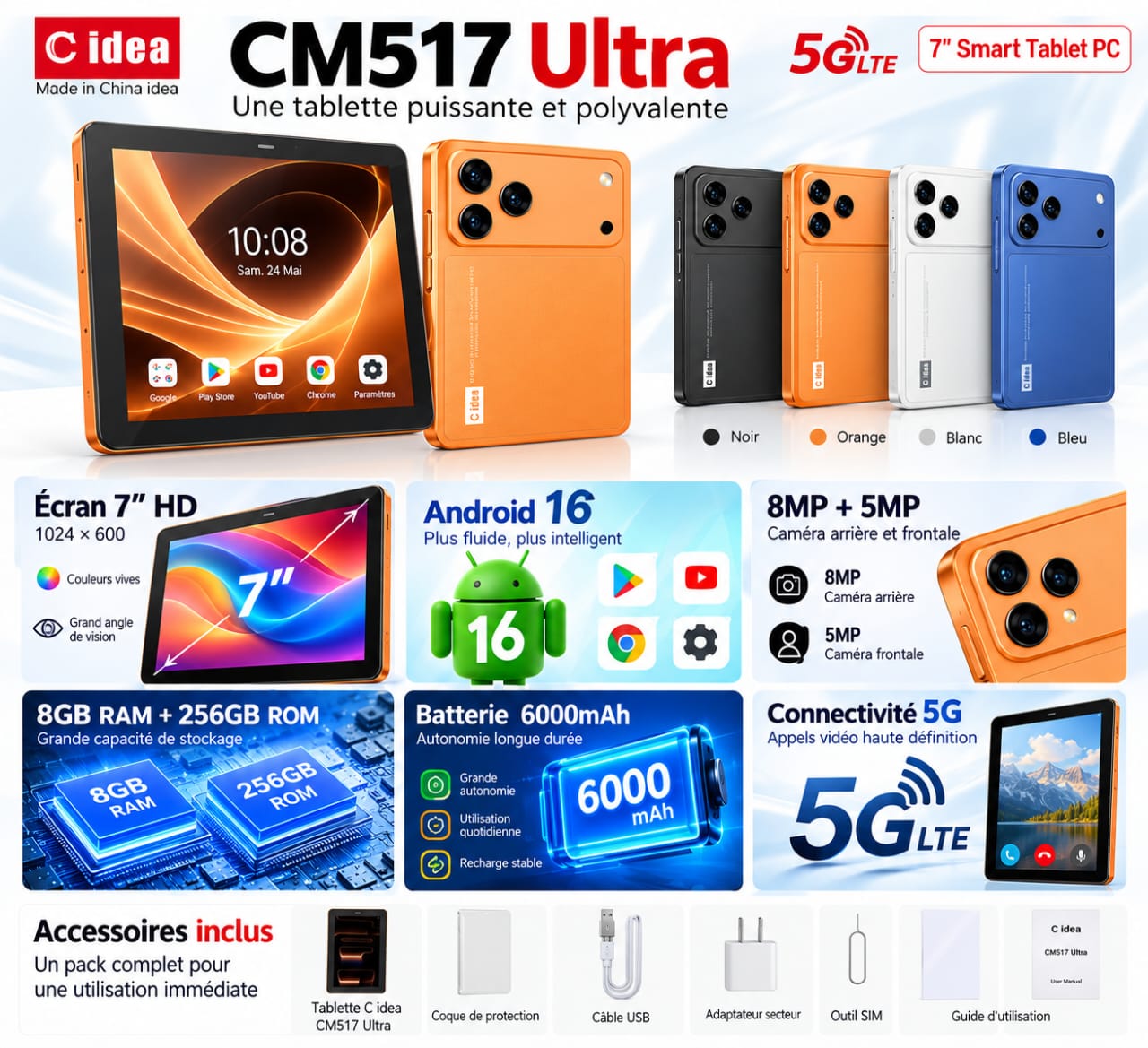 C idea CM517 Ultra – Tablette 7″ HD, 8Go RAM, 256Go, 5G LTE, Android 16, Batterie 6000mAh