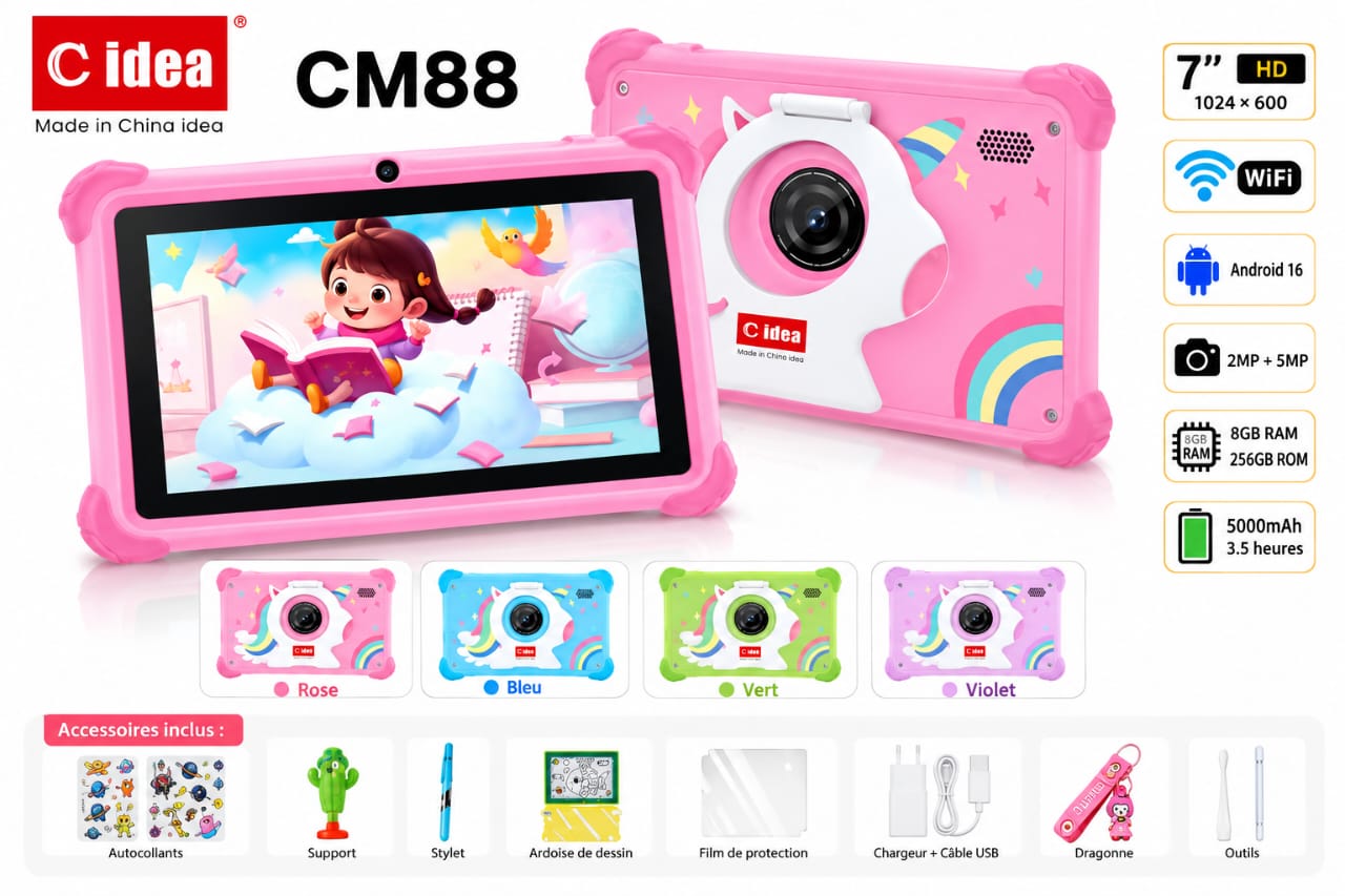 Tablette Enfant C idea CM88 7″ – 8Go RAM + 256Go ROM – Wi-Fi – Android – Double Caméra – Coque Antichoc