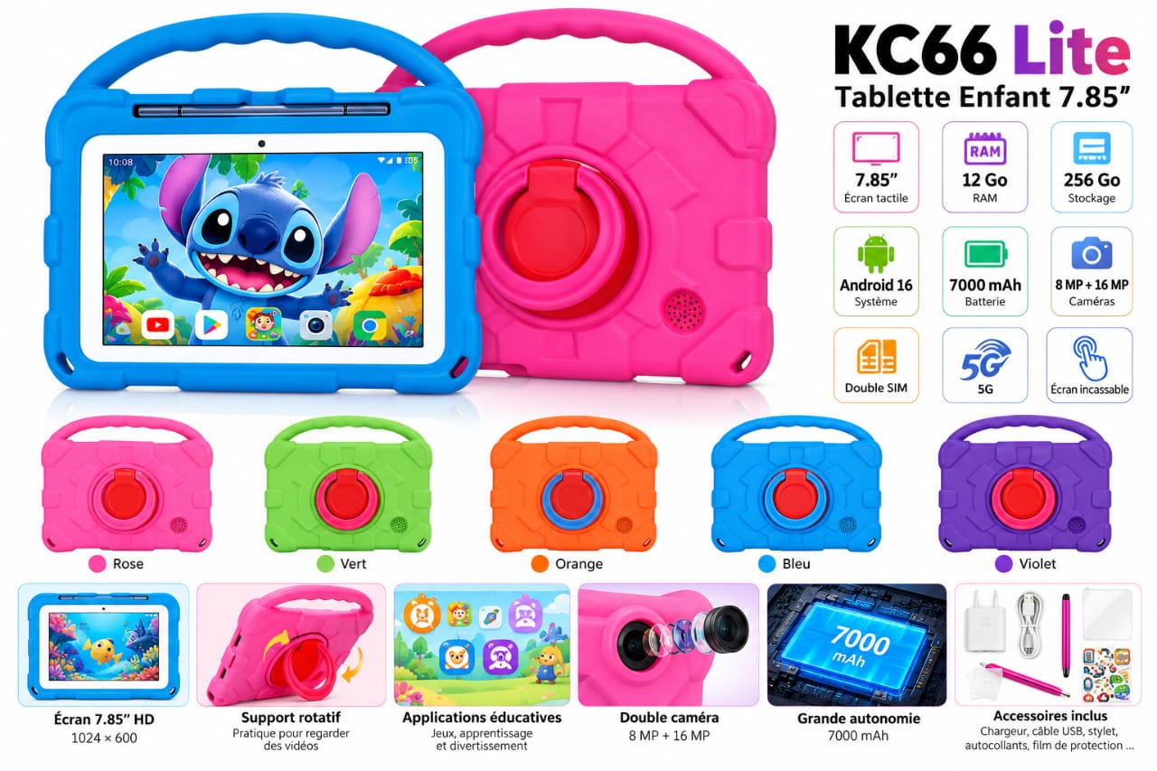 Tablette Enfant ATouch KC66 Lite 7,85″ – 12Go RAM + 256Go – Android 16 – 5G – Double SIM – Batterie 7000mAh