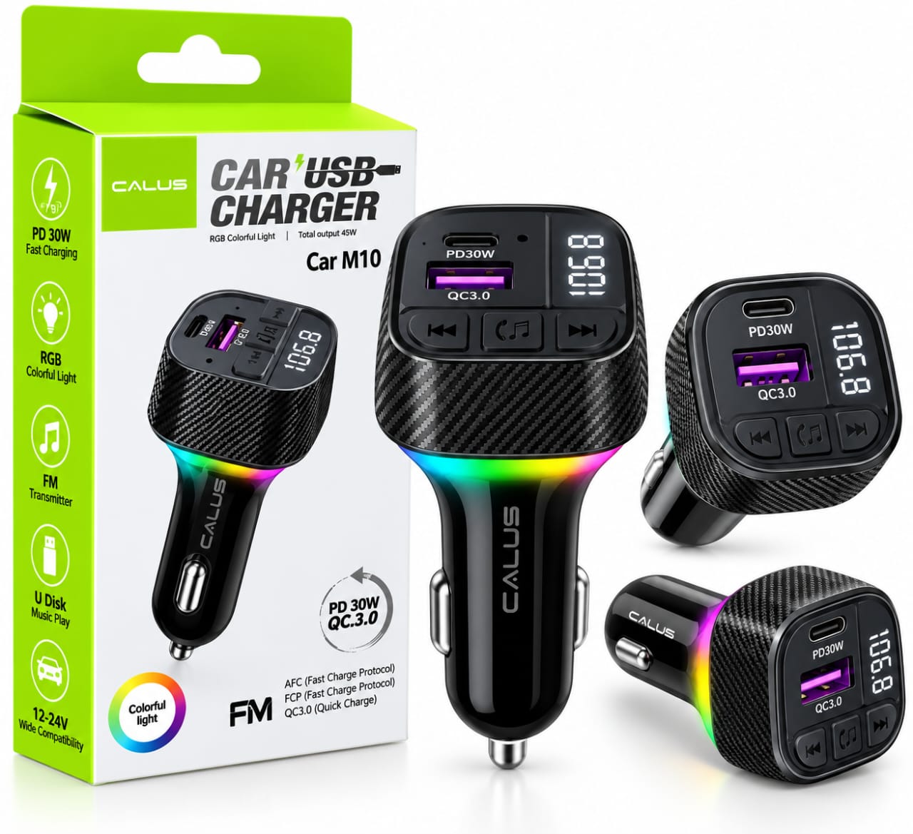 Chargeur Voiture CALUS Car M10 45W – PD 30W + QC 3.0, Transmetteur FM, USB et Éclairage RGB