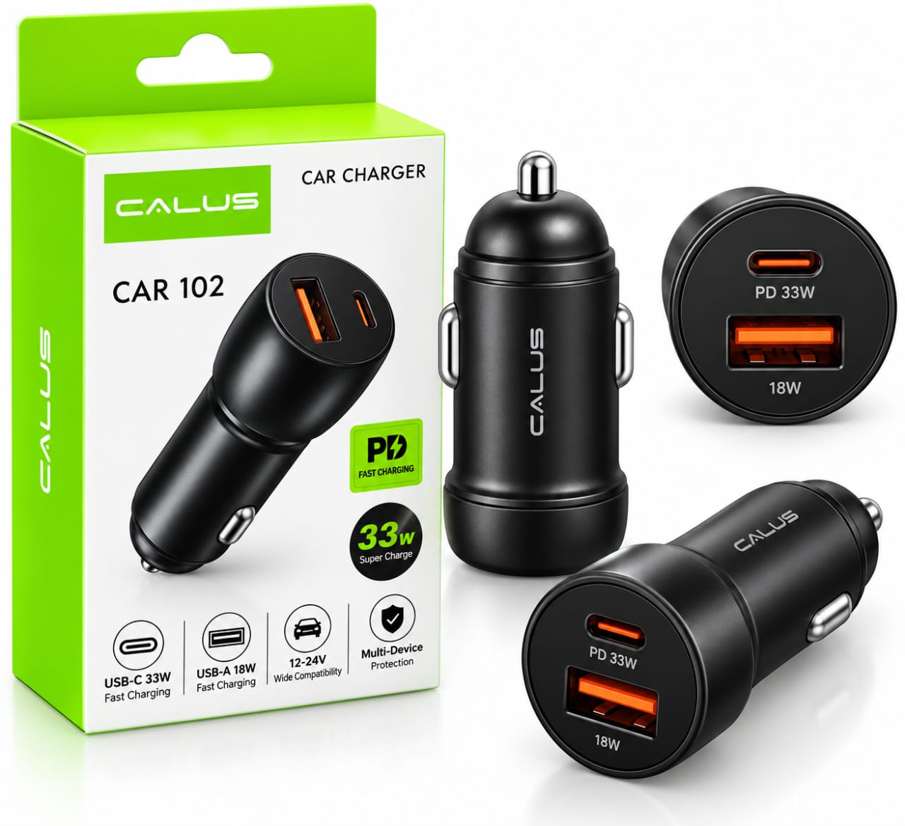Chargeur Voiture CALUS Car 102 33W – USB-C PD 33W + USB-A 18W, Charge Rapide 12-24V