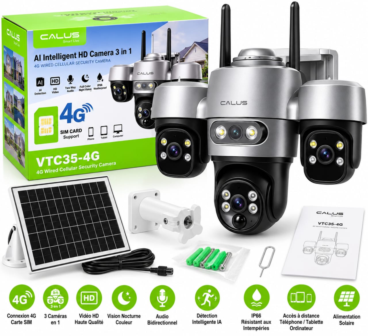 Caméra de Surveillance Solaire CALUS VTC35-4G 3 Objectifs – 4G SIM, Vision Nocturne Couleur, Audio Bidirectionnel & Détection Humaine