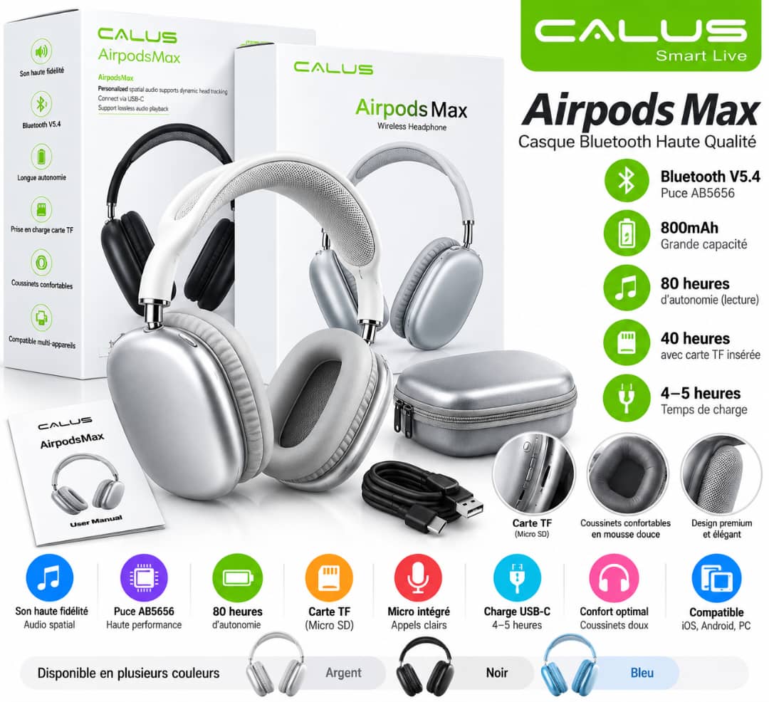 Casque Bluetooth CALUS Airpods Max V5.4 – 80H d’Autonomie, Hi-Fi, Carte TF & USB-C