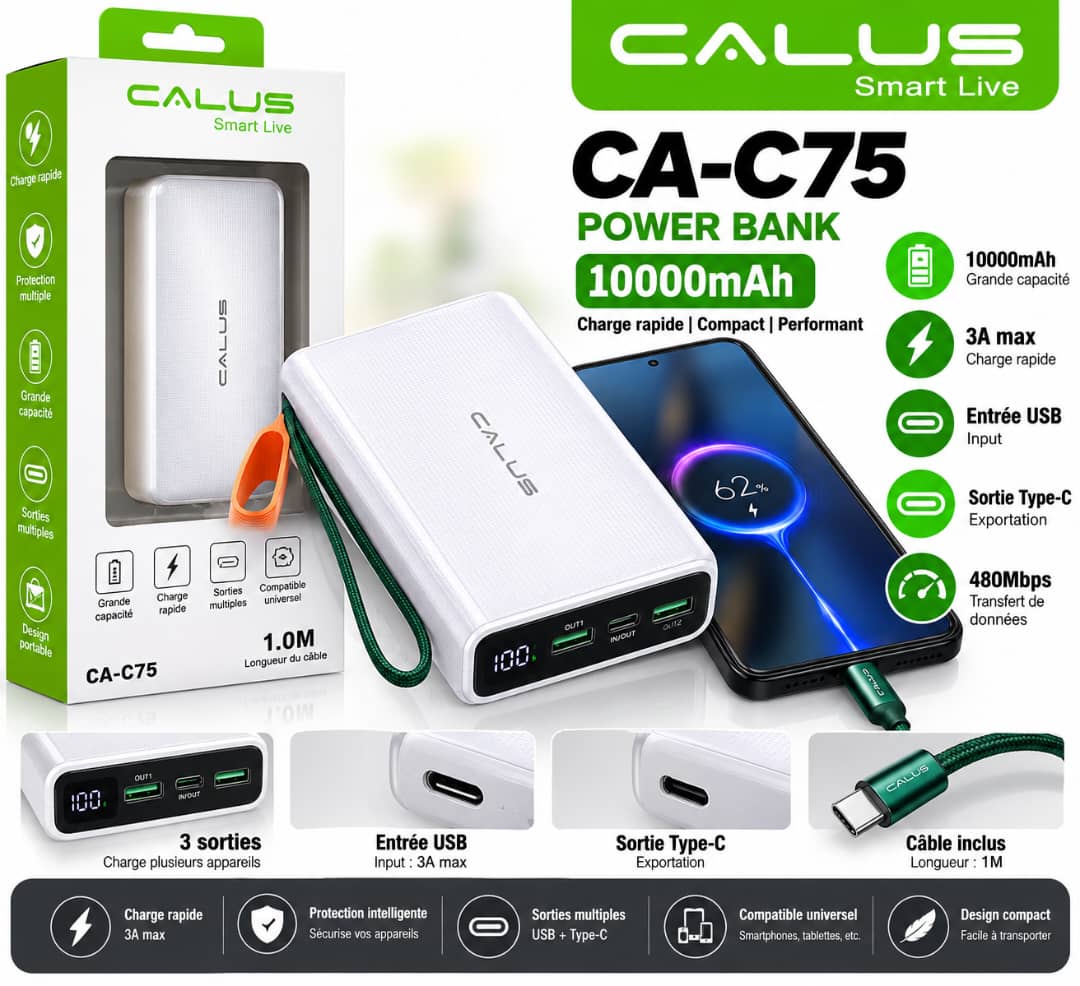 Power Bank CALUS CA-C75 10 000 mAh – Charge Rapide 3A, USB + Type-C, Affichage LED & Câble 1 m