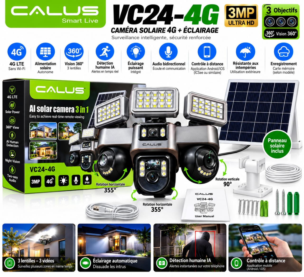 Caméra de Surveillance Solaire CALUS VC24-4G 4G LTE – 3 Objectifs, Vision 360°, 3MP, Éclairage LED & Contrôle à Distance