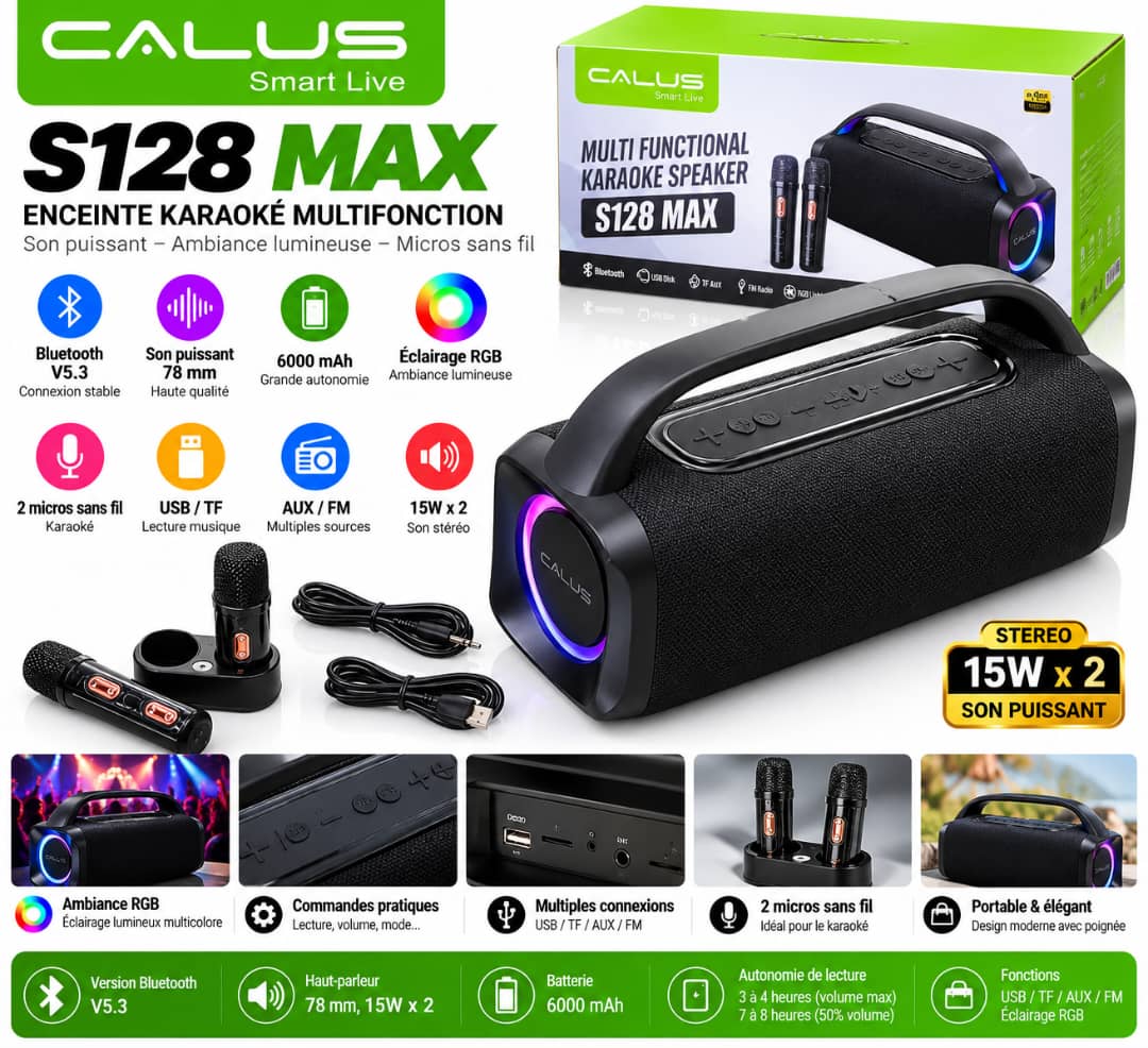 Enceinte Bluetooth Karaoké CALUS S128 MAX – 6000 mAh, Bluetooth 5.3, 2 Micros Sans Fil, RGB & USB/TF/FM