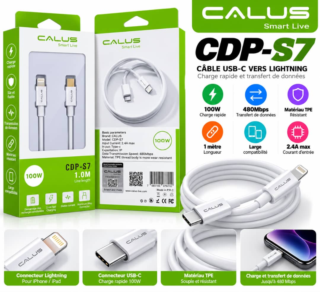Câble CALUS CDP-S7 USB-C vers Lightning 100W – Charge Rapide, Transfert 480Mbps, 1 mètre