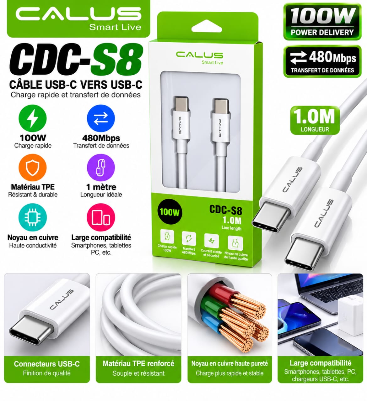 Câble CALUS CDC-S8 USB-C vers USB-C 100W – Charge Rapide, Transfert 480Mbps & 1 mètre