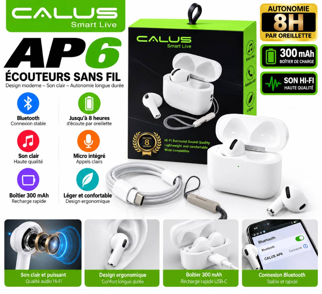 Écouteurs Bluetooth CALUS AP6 – 8H d’Autonomie, Boîtier 300 mAh, Son Hi-Fi & Microphone