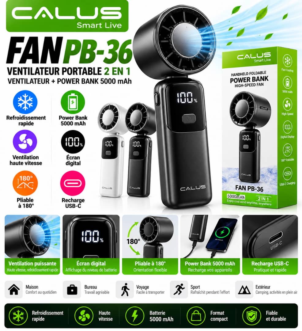 Ventilateur Portable CALUS FAN PB-36 5000mAh – Power Bank, Recharge USB-C, Écran Digital & Rotation 180°