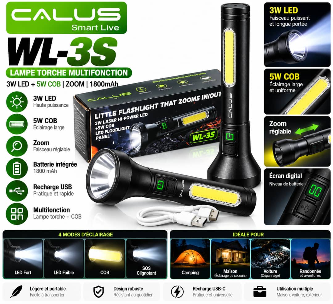 Lampe Torche Multifonction CALUS WL-3S 3W LED + 5W COB – Zoom Réglable, Batterie 1800mAh & Recharge USB