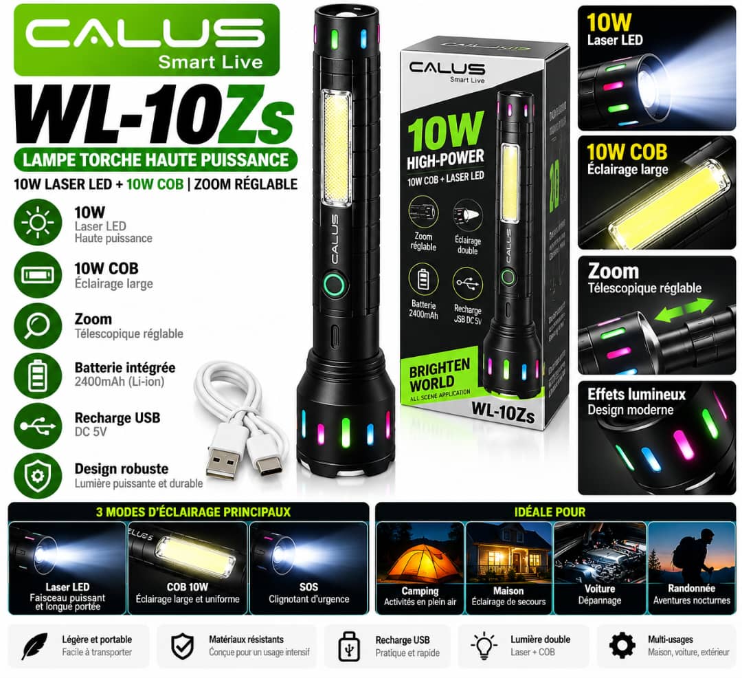 Lampe Torche CALUS WL-10Zs 10W LED + 10W COB – Zoom Réglable, Batterie 2400mAh & Recharge USB