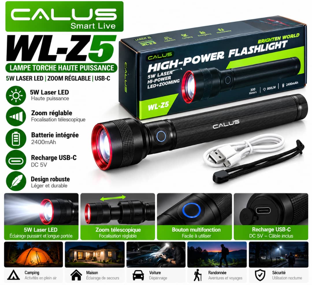 Lampe Torche Rechargeable CALUS WL-Z5 5W – LED Haute Puissance, Zoom Télescopique, 2400mAh & USB-C