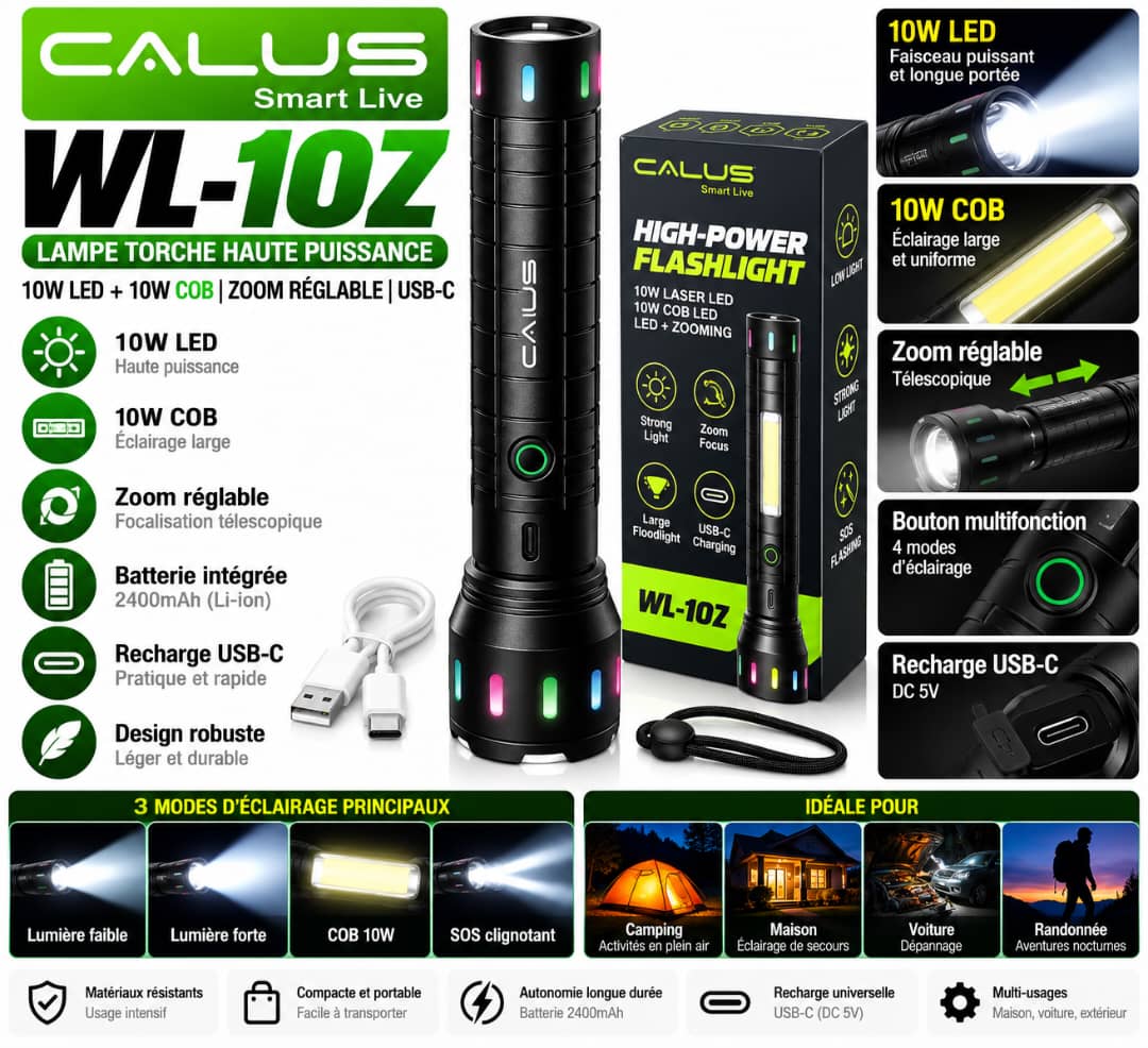 Lampe Torche Rechargeable CALUS WL-10Z 10W LED + 10W COB – Zoom Réglable, 2400mAh & USB-C