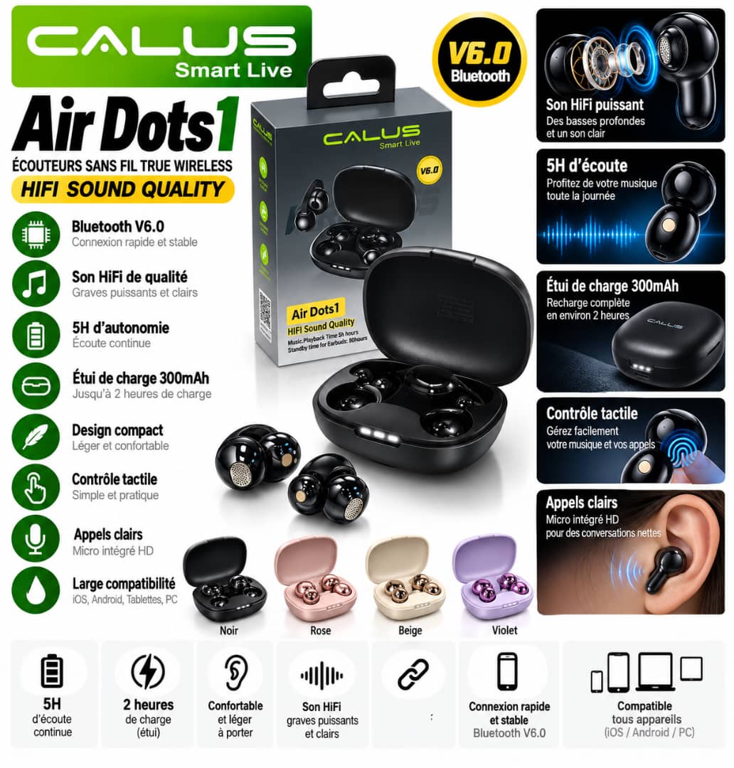 Écouteurs Bluetooth CALUS Air Dots 1 V6.0 – HiFi, 5H d’Autonomie, Boîtier 300mAh & Design Sans Fil