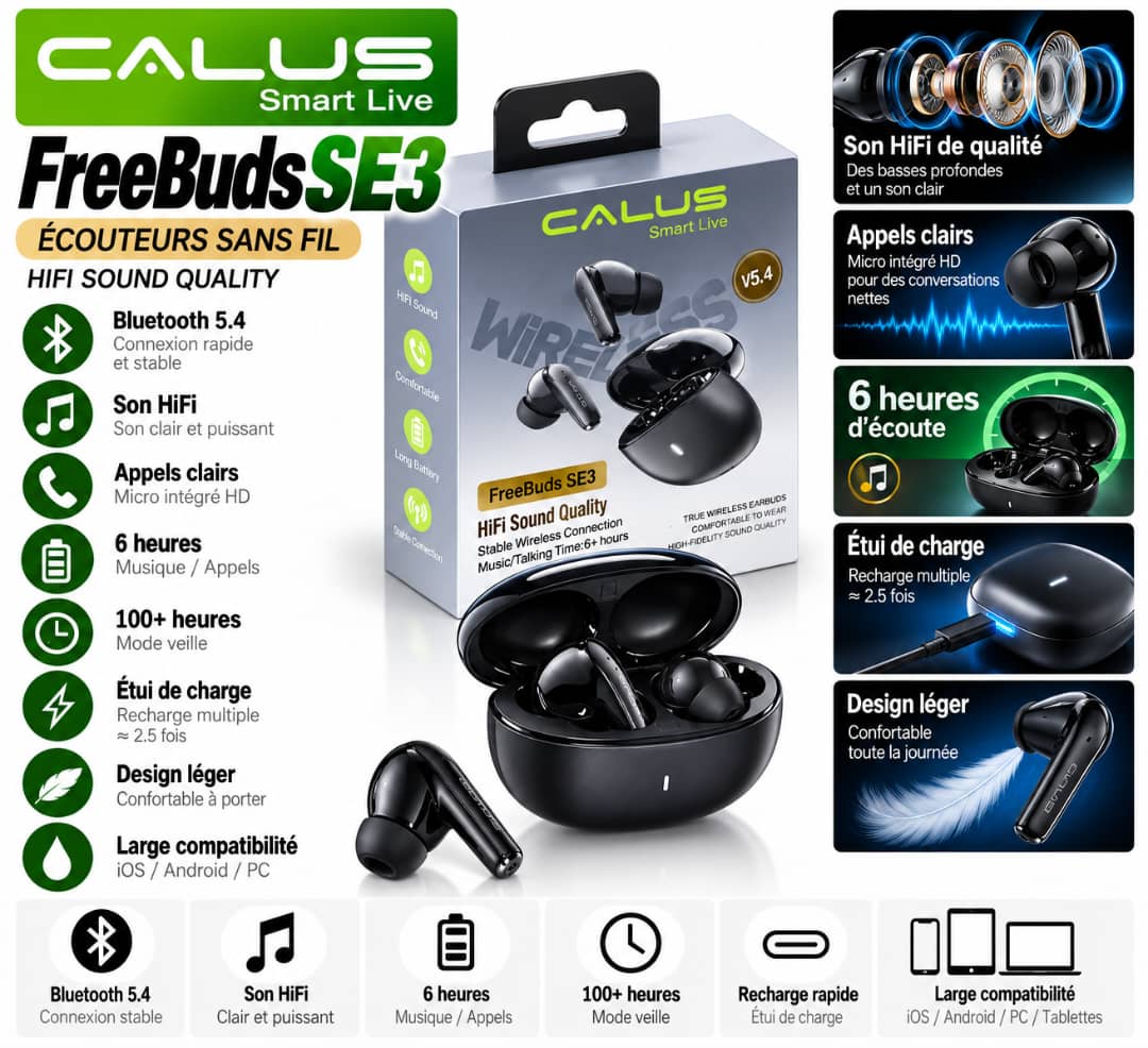 Écouteurs Bluetooth CALUS FreeBuds SE3 V5.4 – Son HiFi, 6H d’Autonomie, Boîtier de Charge