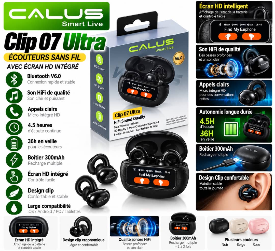 Écouteurs Bluetooth CALUS Clip 07 Ultra V6.0 avec Écran HD – HiFi, 4,5H d’Autonomie & Boîtier 300mAh