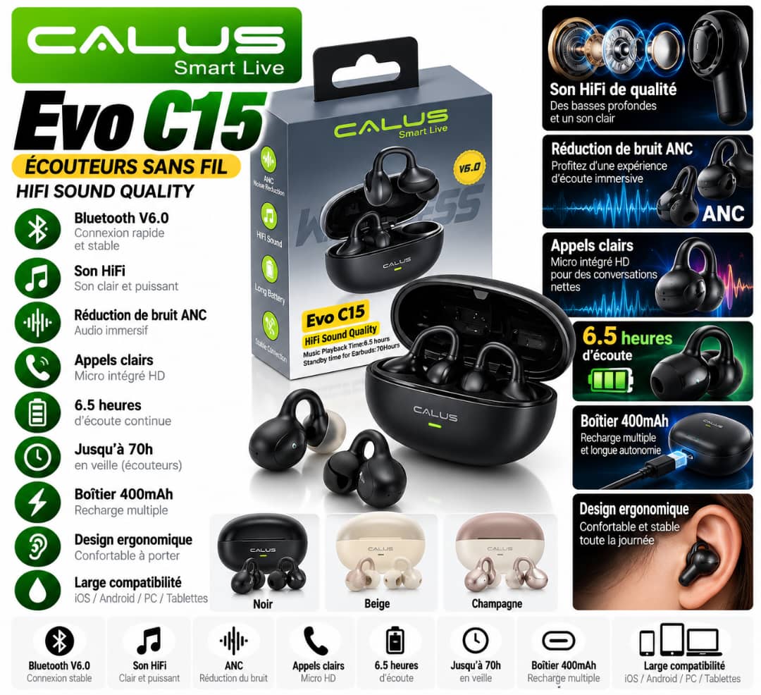 Écouteurs Bluetooth CALUS Evo C15 V6.0 – HiFi, ANC, 6,5H d’Autonomie, Boîtier 400mAh