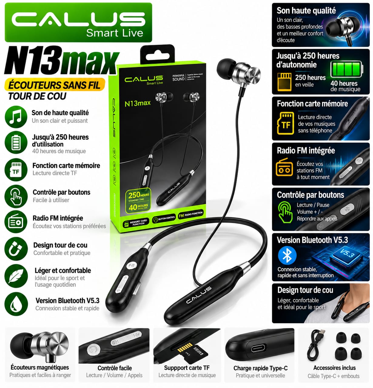 Écouteurs Bluetooth CALUS N13max V5.3 – Tour de Cou, Radio FM, Carte TF & Jusqu’à 40H d’Écoute