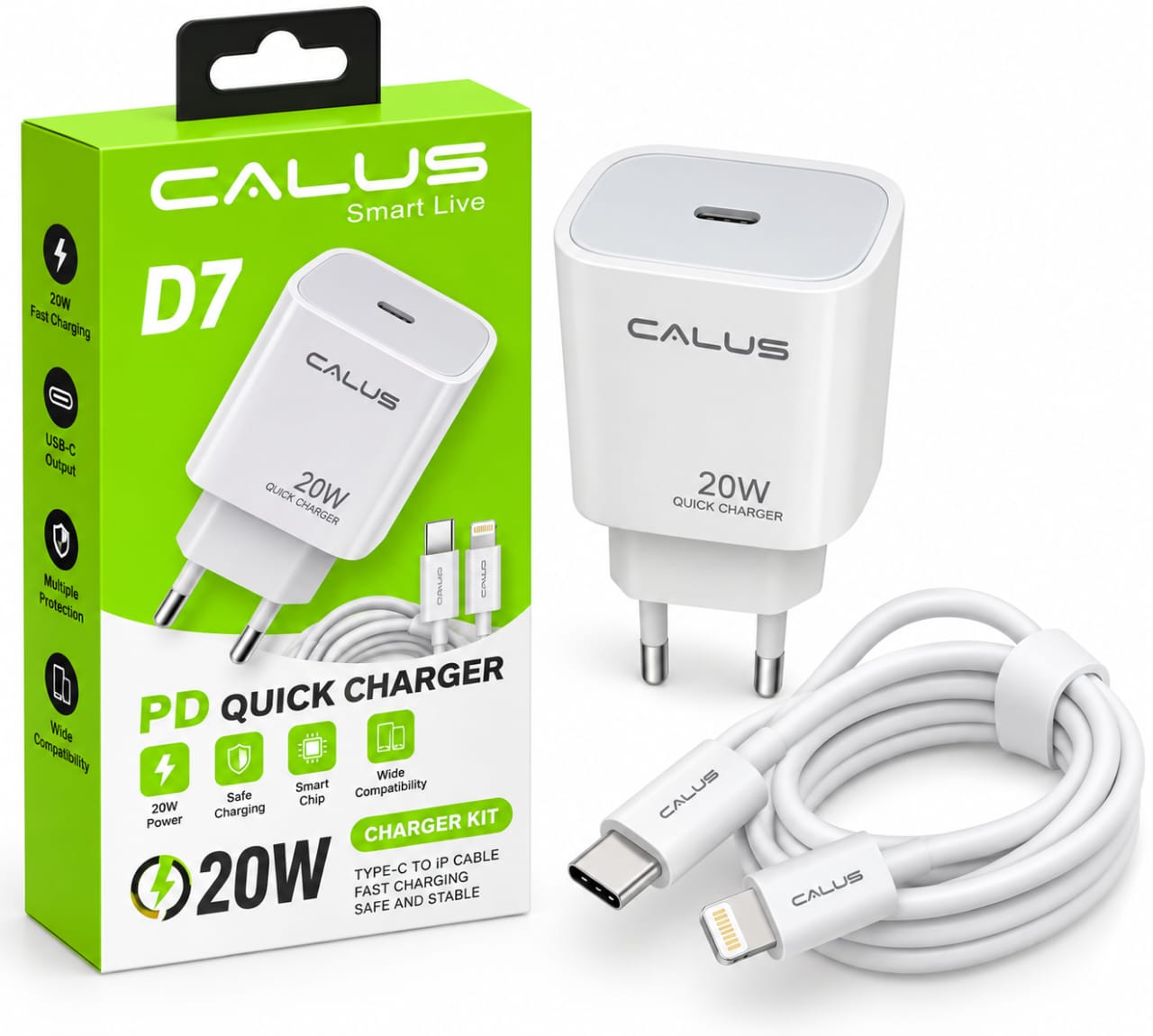 Chargeur CALUS D7 20W USB-C PD avec Câble USB-C vers Lightning – Charge Rapide