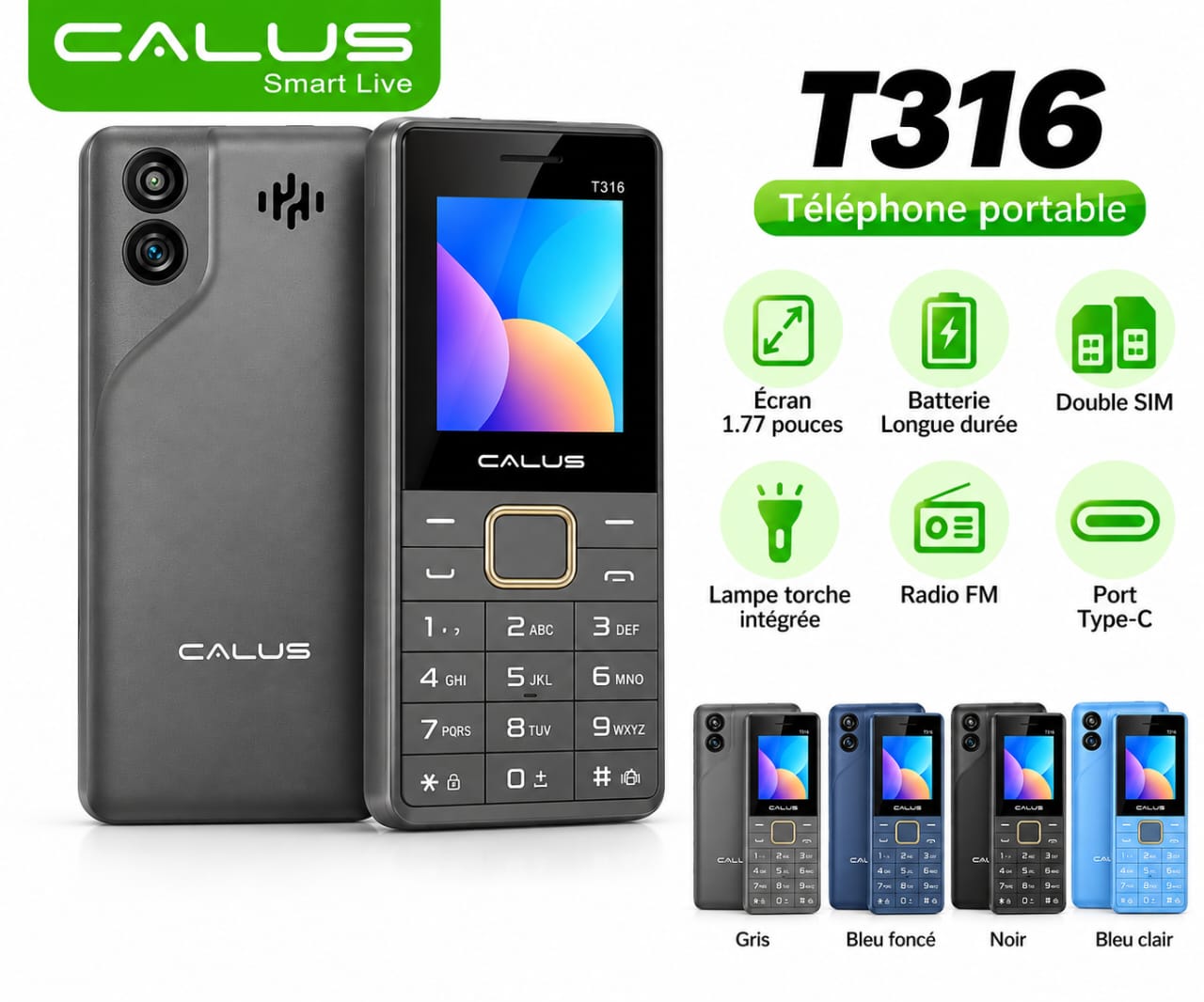 Téléphone Portable CALUS T316 Double SIM – Écran 1,77", Batterie Longue Durée, Radio FM et USB-C