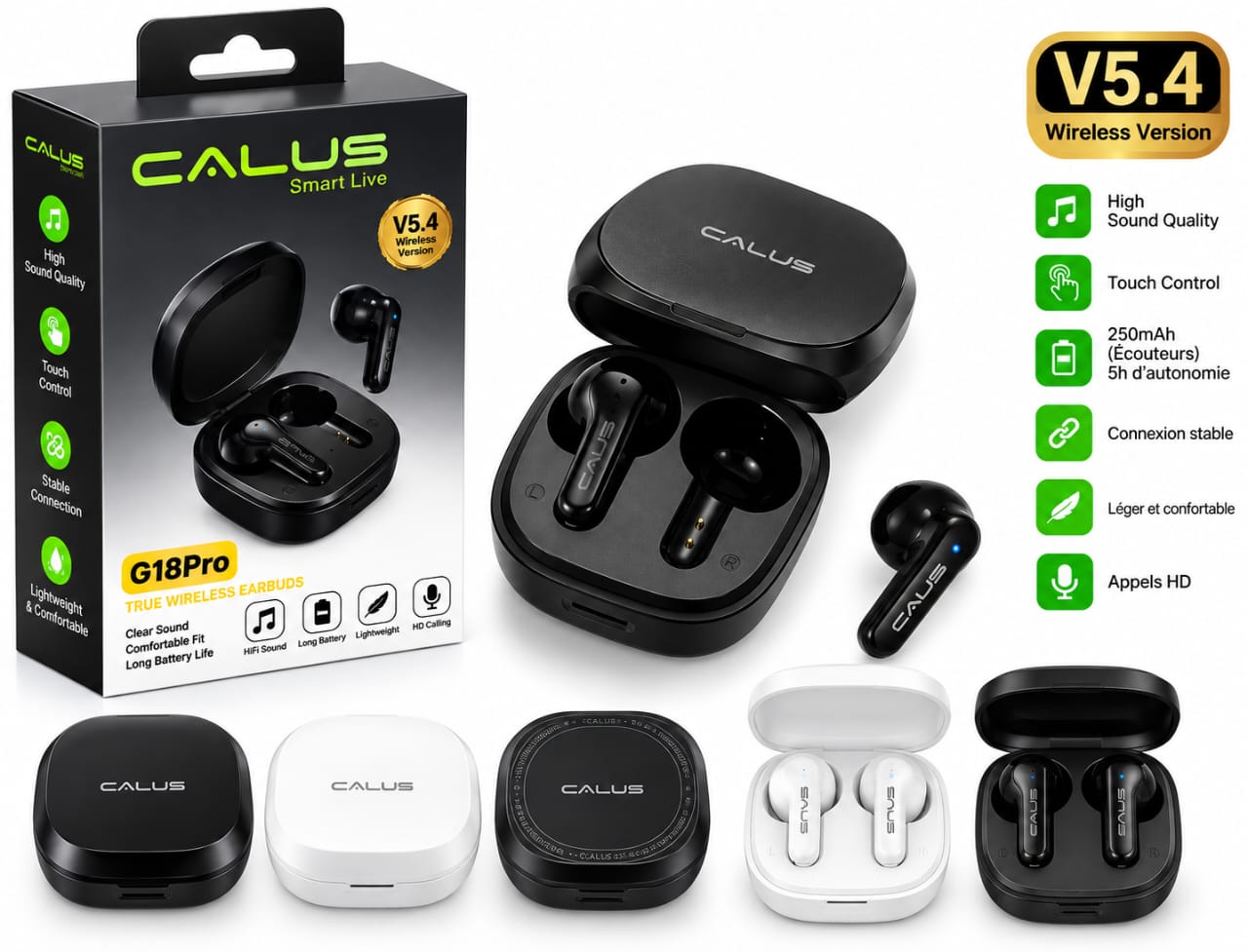Écouteurs Bluetooth CALUS G18 Pro TWS – Bluetooth 5.4, Commandes Tactiles et Boîtier 250mAh
