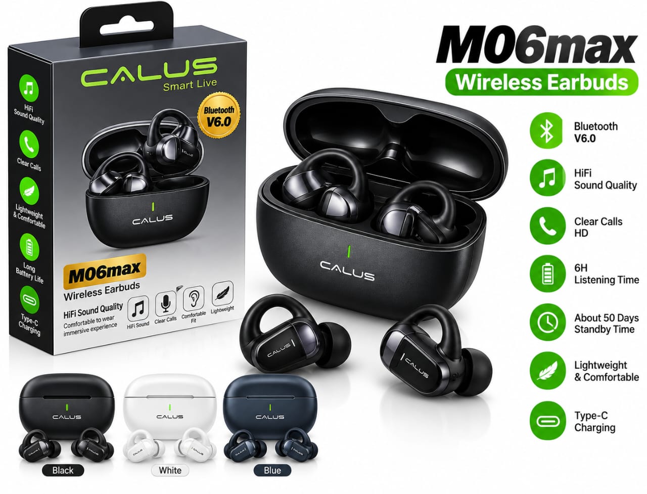 Écouteurs Bluetooth CALUS M06max TWS – Bluetooth 6.0, HiFi, 6H d’Autonomie et Boîtier de Recharge
