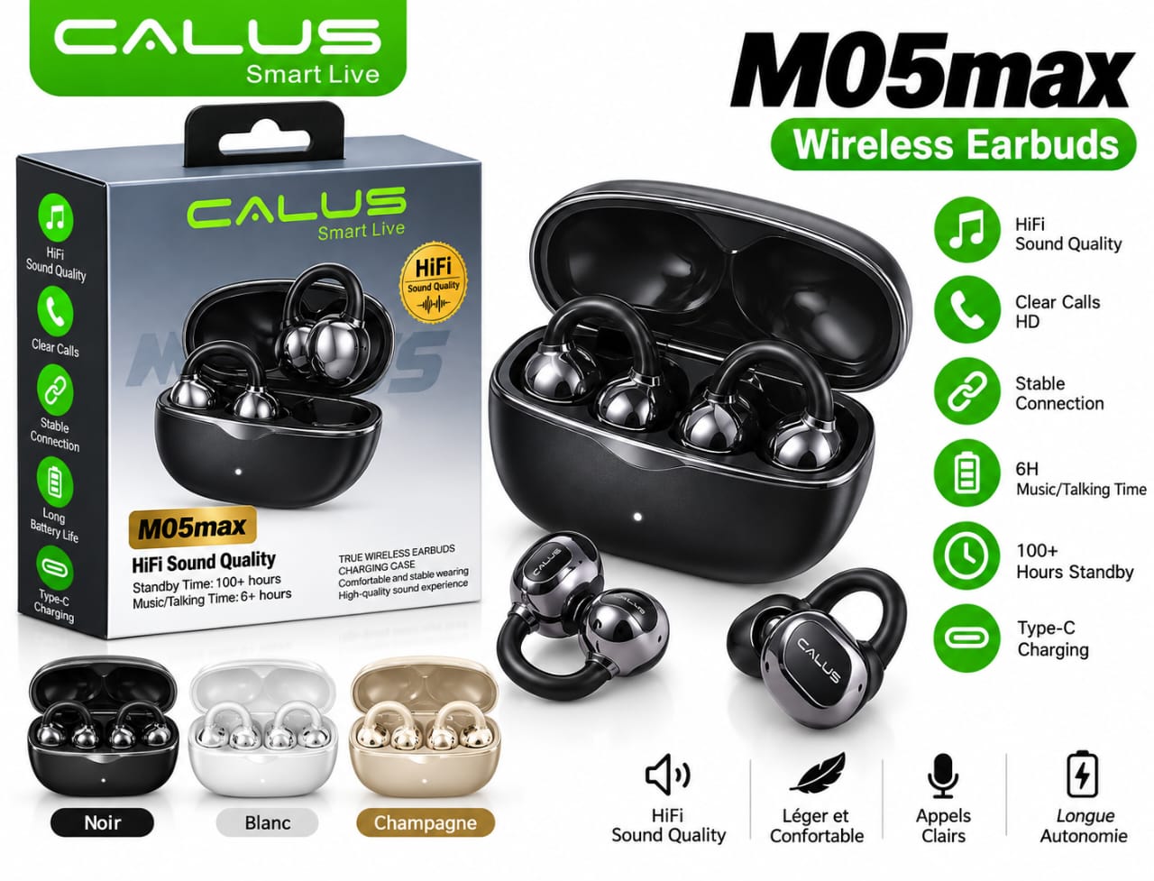 Écouteurs Bluetooth CALUS M05max TWS – Son HiFi, 6H d’Autonomie, Boîtier 220mAh et Recharge USB-C