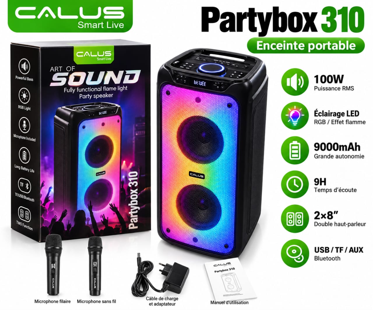 Enceinte Bluetooth Portable CALUS Partybox 310 – 100W RMS, Double Haut-Parleur 8", LED RGB, Batterie 9000mAh