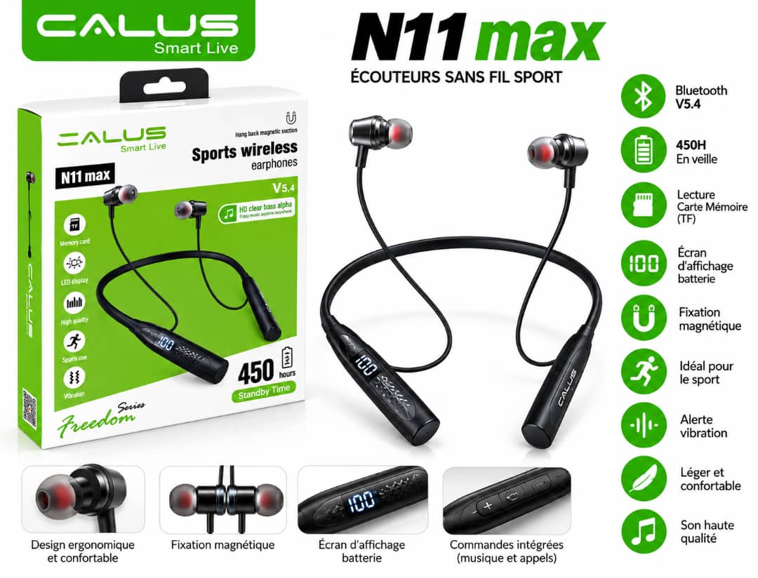 Écouteurs Bluetooth CALUS N11 Max Sport – Bluetooth 5.4, Écran Batterie, Carte TF et 450H en Veille