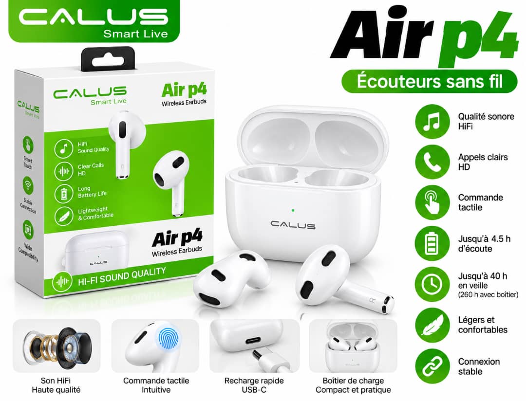 Écouteurs Bluetooth CALUS Air P4 – Sans Fil, Boîtier de Charge, 4,5H d’Autonomie