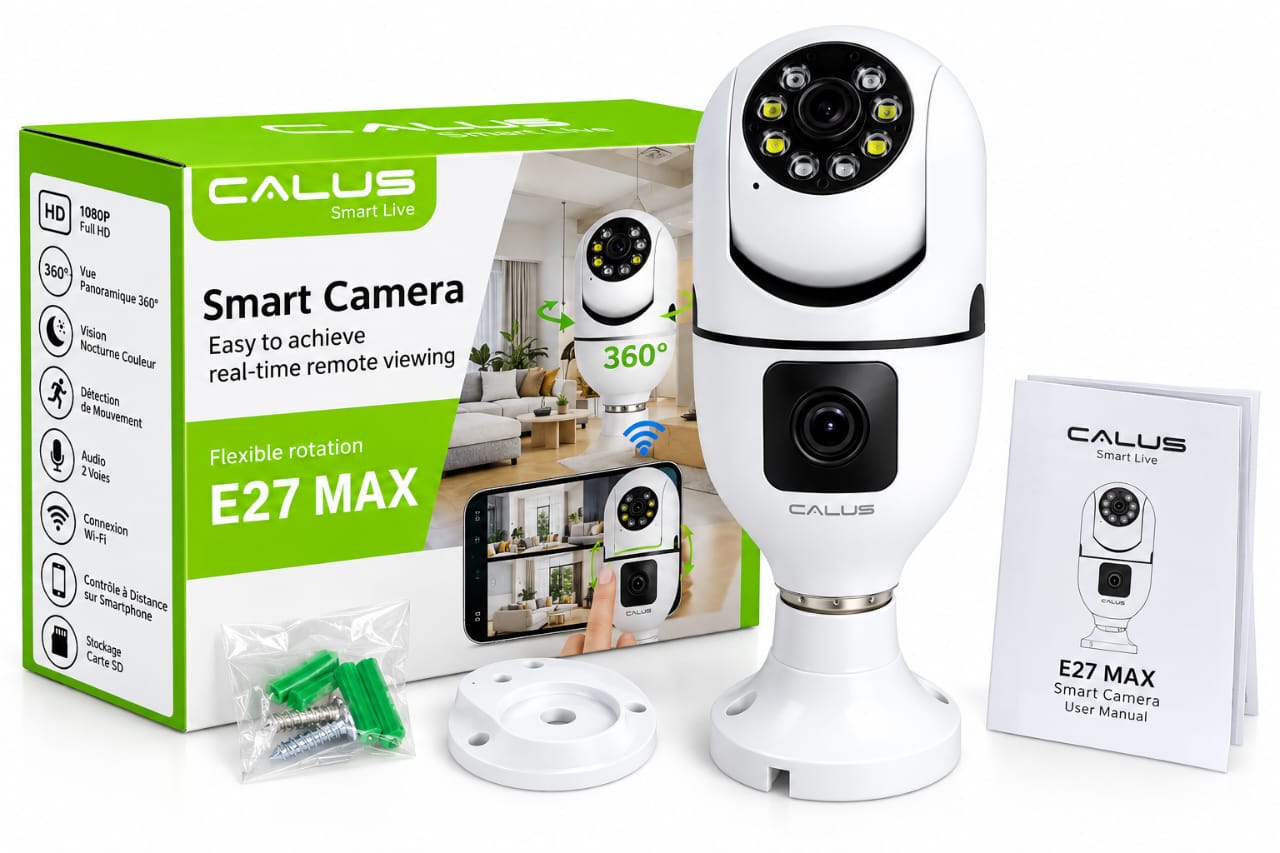 Caméra de Surveillance WiFi CALUS E27 MAX 1080P – 360°, Vision Nocturne Couleur, Double Objectif, Audio 2 Voies