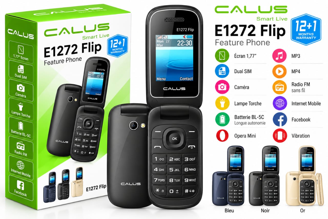 Téléphone à Clapet CALUS E1272 Flip Dual SIM – Écran 1,77", Batterie BL-5C, Caméra, Radio FM, MP3/MP4 et Internet Mobile