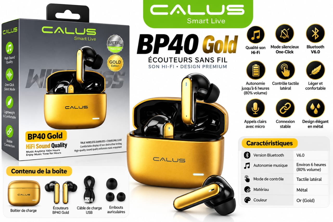 Écouteurs Sans Fil CALUS BP40 Gold Bluetooth 6.0 – Son Hi-Fi, Contrôle Tactile, Boîtier Métallique Doré et 6H d’Autonomie