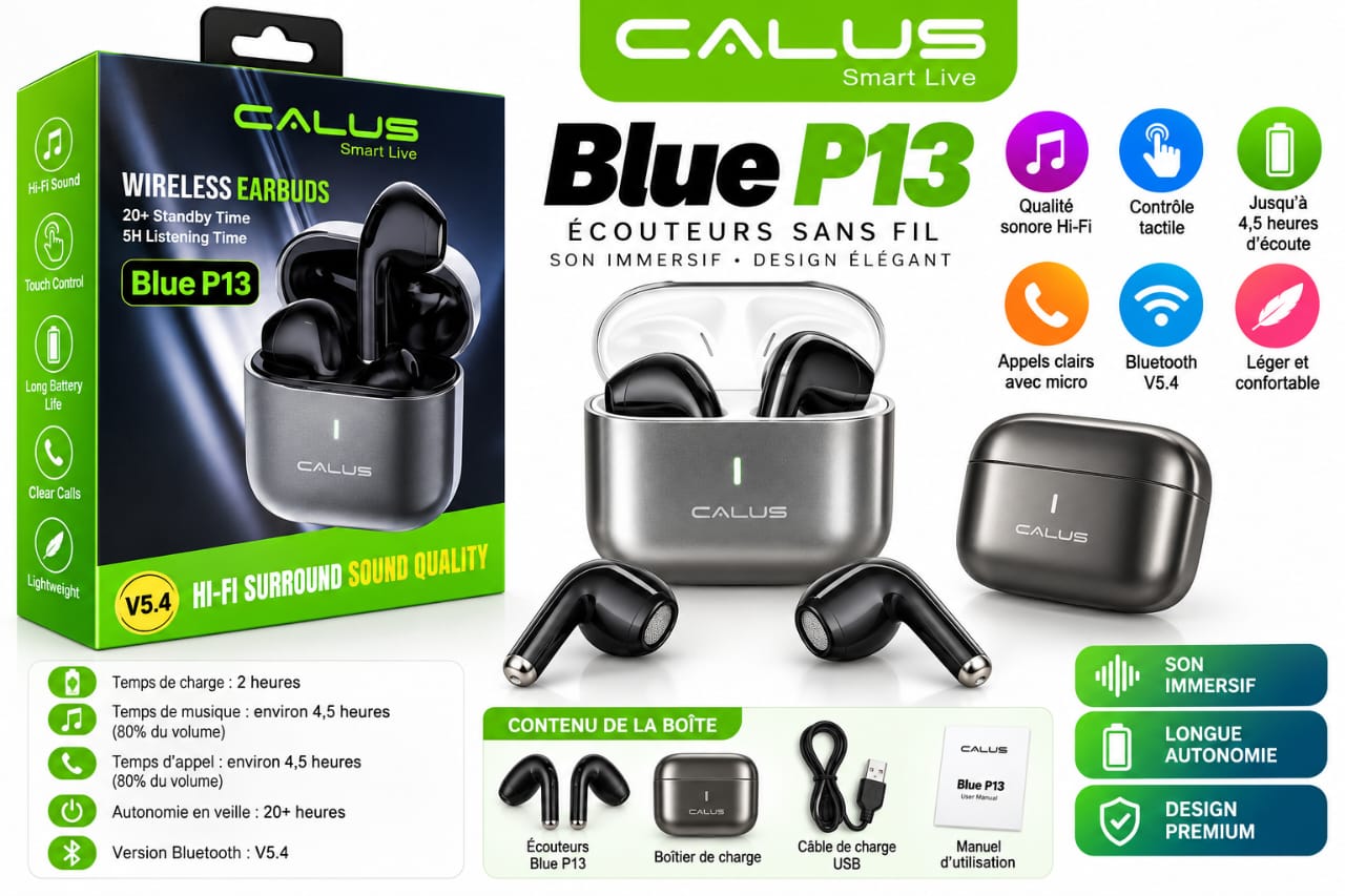 Écouteurs Sans Fil CALUS Blue P13 Bluetooth 5.4 – Son Hi-Fi Surround, Contrôle Tactile, Boîtier Métallique et 4H30 d’Autonomie