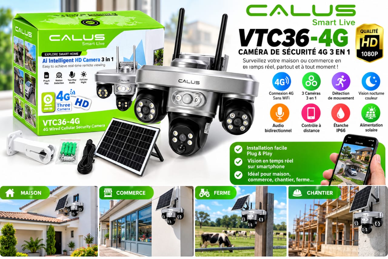 Caméra de Surveillance CALUS VTC36-4G 3-en-1 – Caméra 4G HD Intelligente, Vision Nocturne Couleur, Détection Humaine, Audio 2 Voies et Panneau Solaire