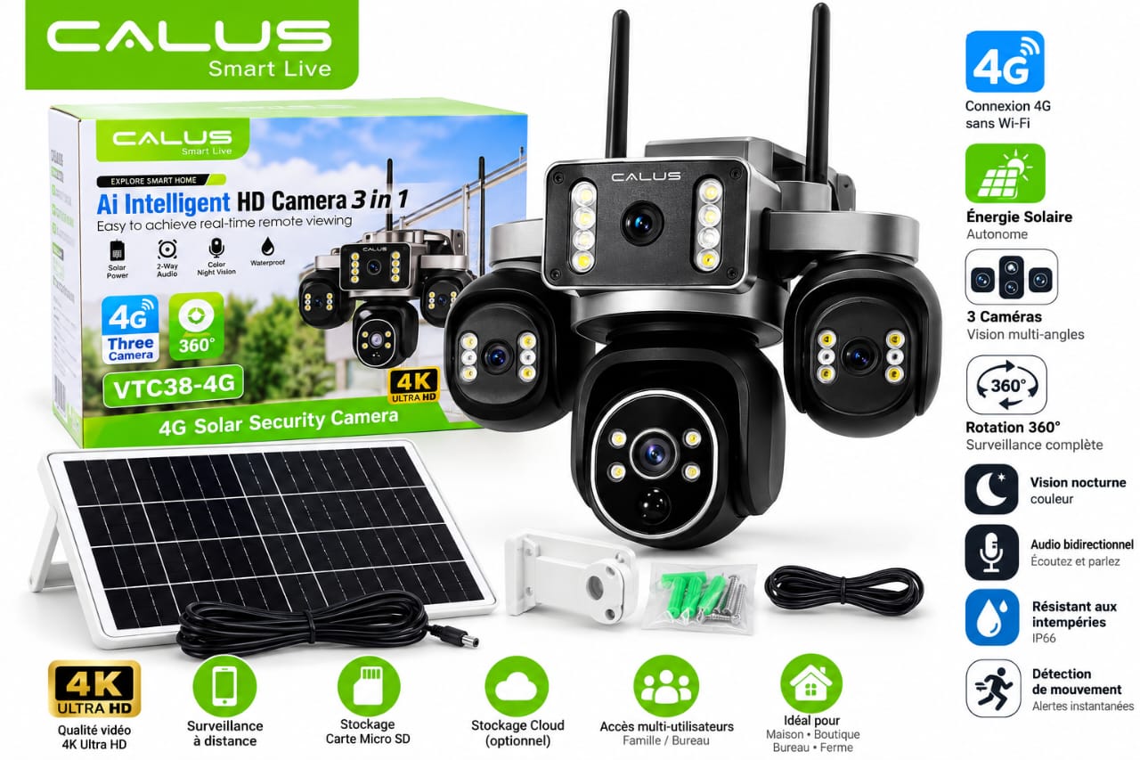 Caméra de Surveillance Solaire CALUS VTC38-4G – 4G, 3 Objectifs, Vision 360°, Vision Nocturne, Audio Bidirectionnel