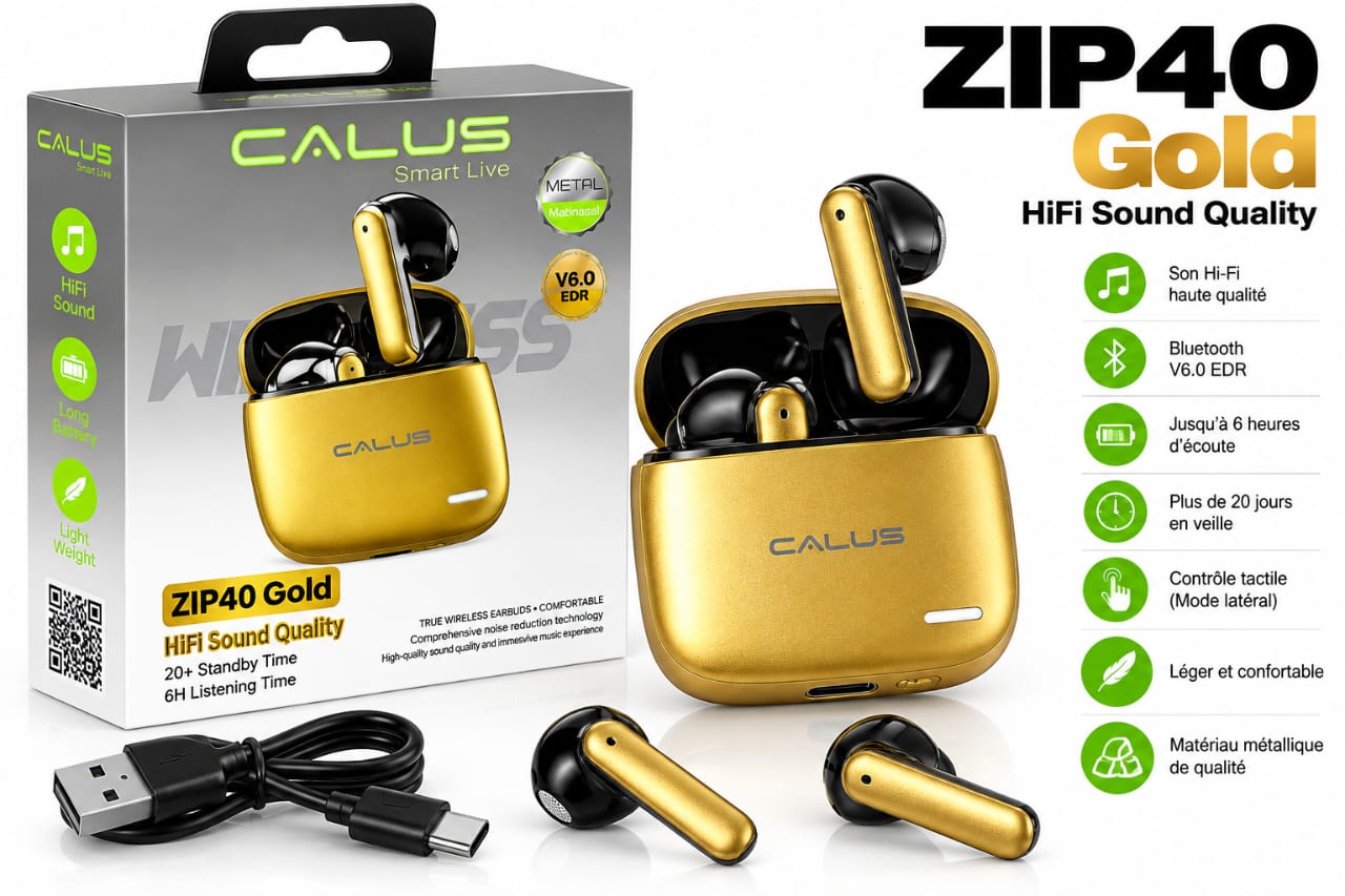 Écouteurs Sans Fil CALUS ZIP40 Gold Bluetooth 6.0 EDR – HiFi, 6H d’Autonomie, Contrôle Tactile et Boîtier de Charge