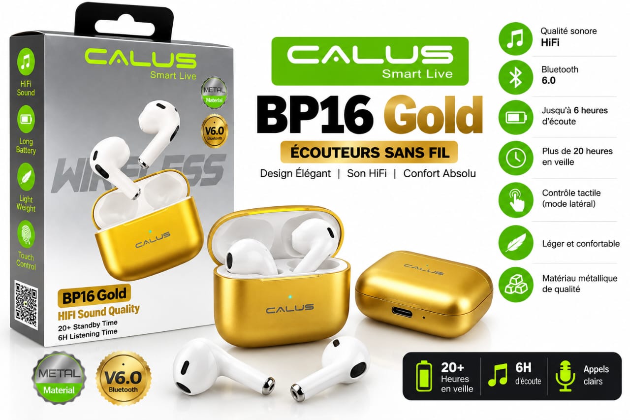 Écouteurs Sans Fil CALUS BP16 Gold Bluetooth 6.0 – Son HiFi, 6H d’Autonomie, Contrôle Tactile et Boîtier de Charge