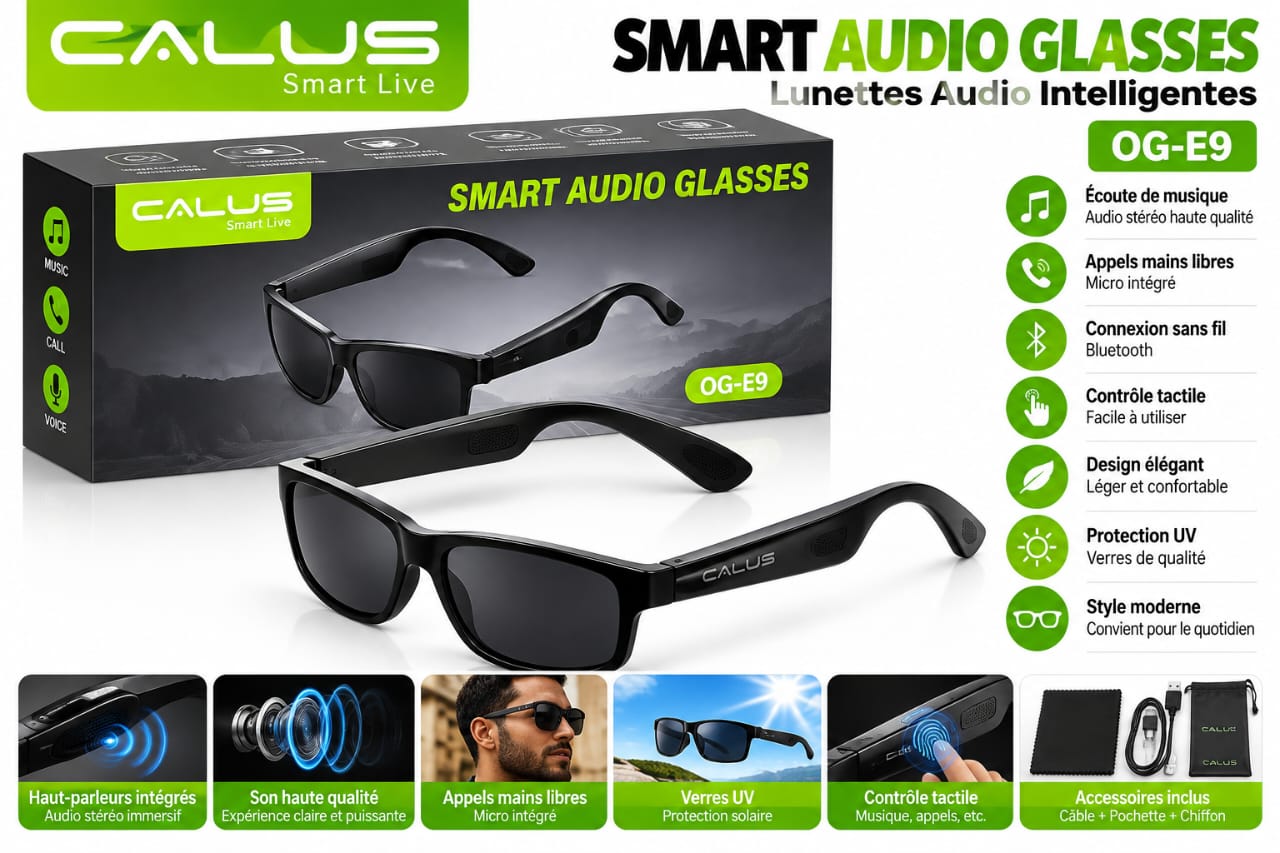 Lunettes Audio Intelligentes CALUS OG-E9 Bluetooth – Haut-Parleurs Intégrés, Appels Mains Libres, Micro et Contrôle Tactile