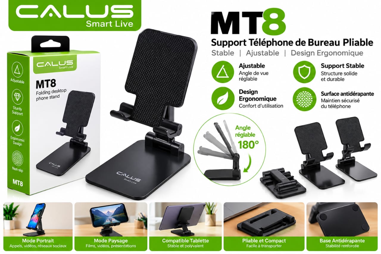 Support Téléphone de Bureau CALUS MT8 Pliable et Réglable – Support Smartphone Stable, Ergonomique et Antidérapant